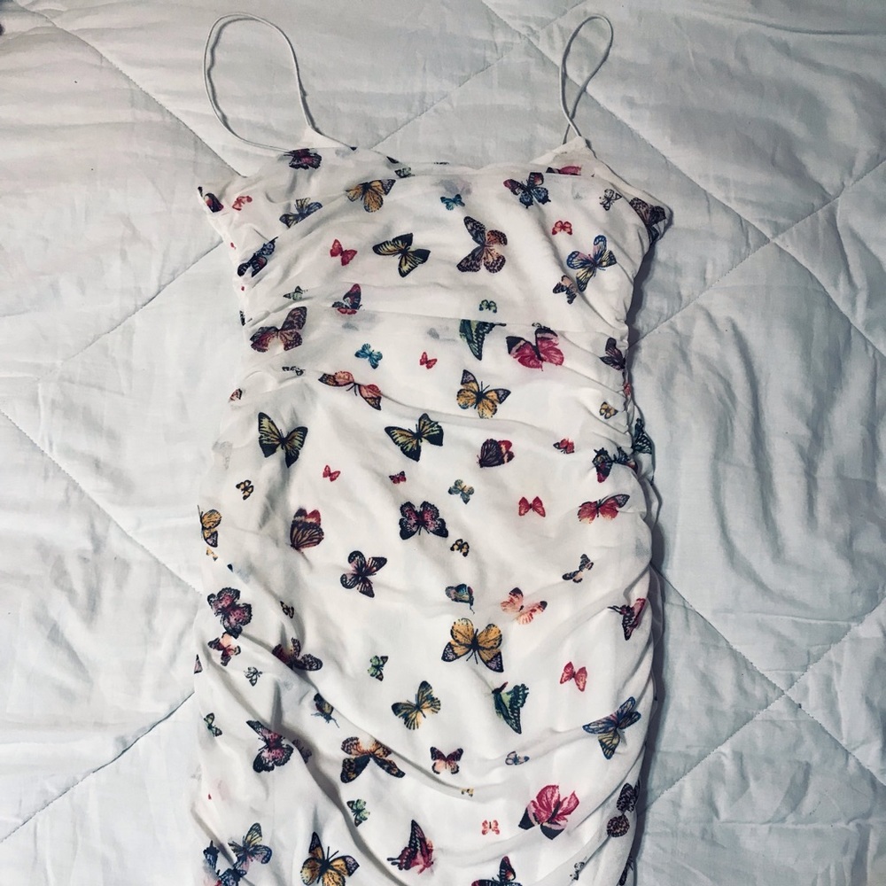 White butterfly scrunch dress